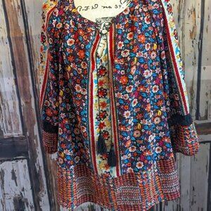 New Directions Floral Bohemian Blouse w/ Tie Neck Accents Women' Size Petite XL